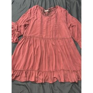 Indigo Soul Tunic Dress Women Size 2XL Pink Rayon Doily Back Bell Sleeve Flowy